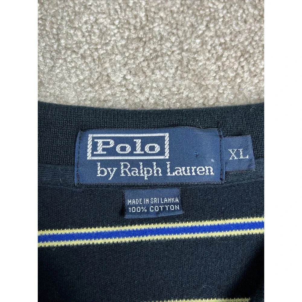 VTG 90s Y2K Polo Ralph Lauren Mens‎ XL Polo Shirt Black Yellow Striped Short Slv